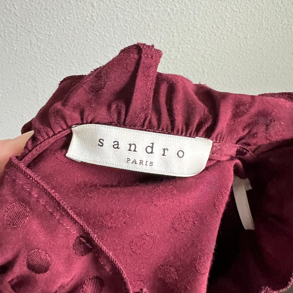 Sandro Jasmine Burgundy Polka Dot Dress Women's Small Ruffles Mini Fit & Flare - Picture 4 of 7
